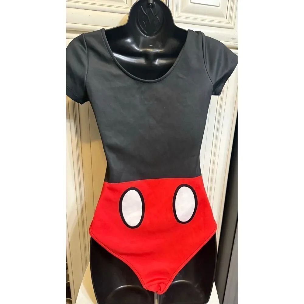 Disney Women's Short Sleeve Minnie Mouse One Piece Bodysuit Black Red Size Small